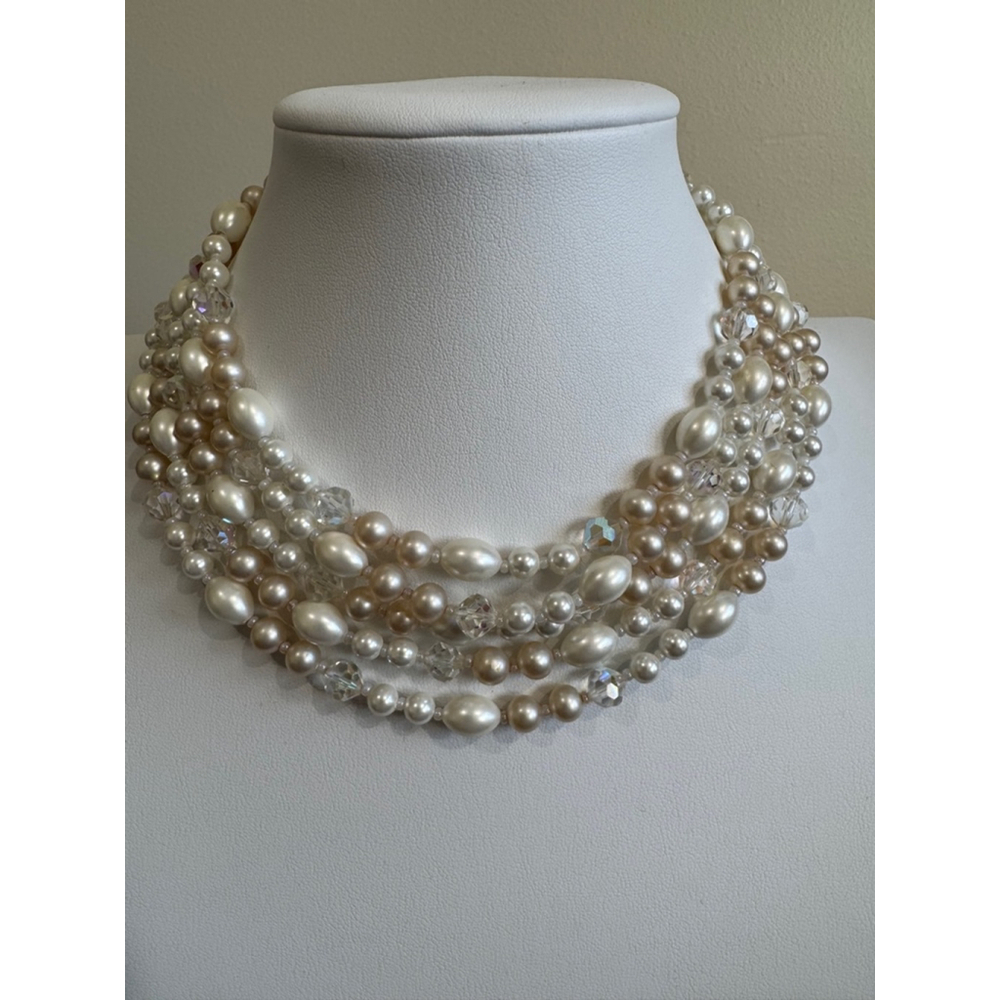 Antique Vintage Vendome Necklace Beaded Rhinestone Clasp Pearl White Champagne 56$